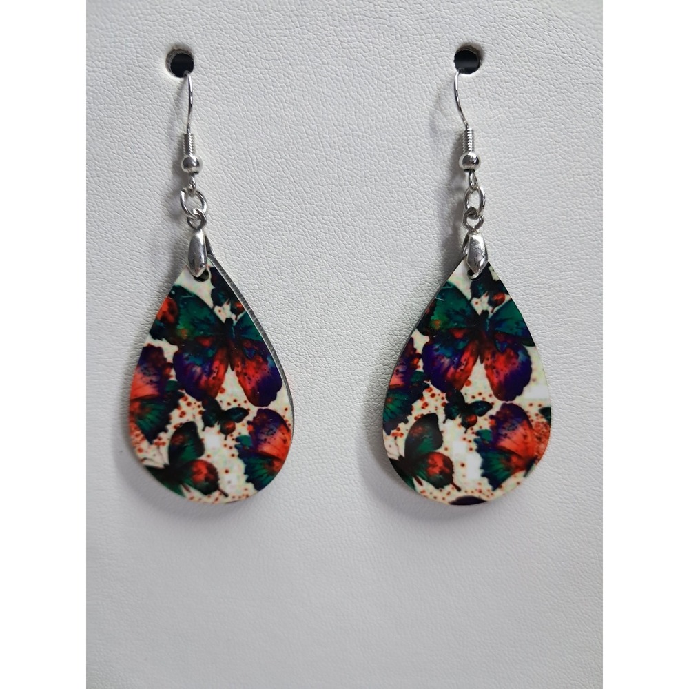 Handmade Wooden Butterfly Teardrop Dangle Earrings Silver Tone Fishhook Colorful